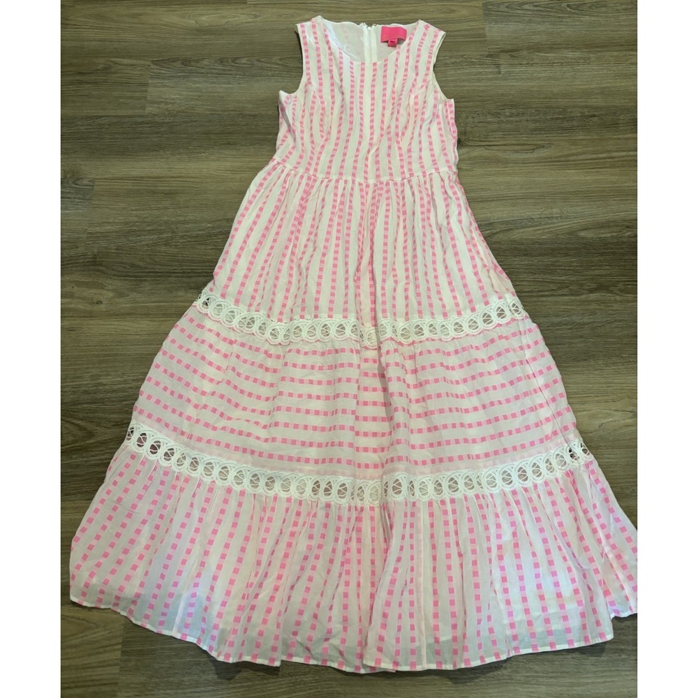 Lilly pulitzer Maybella tiered pink isle gingham striped dress 6 No Tie Lace